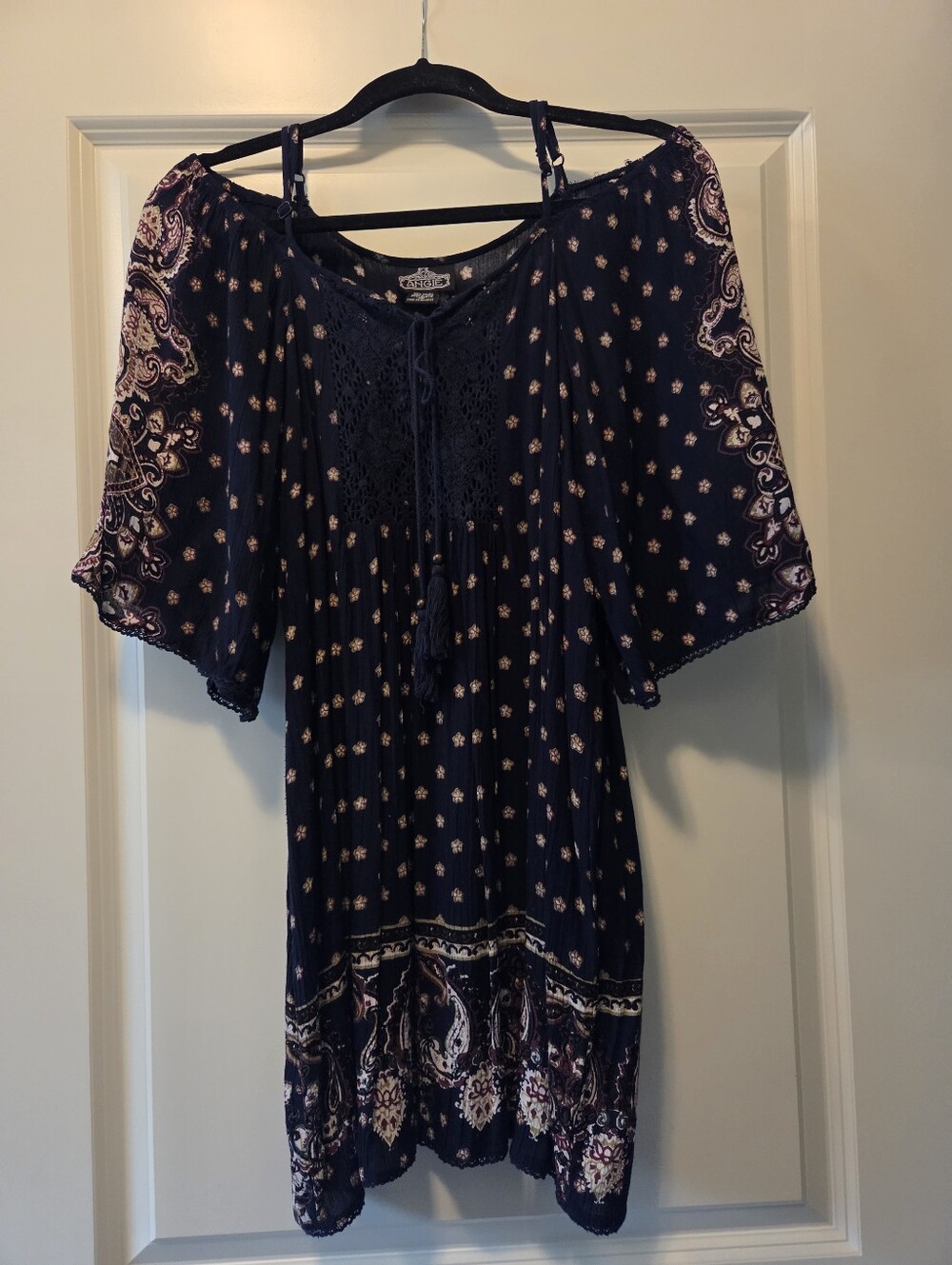 Angie Boho Navy Floral Peasant Mini Dress / Top with Tassel Tie